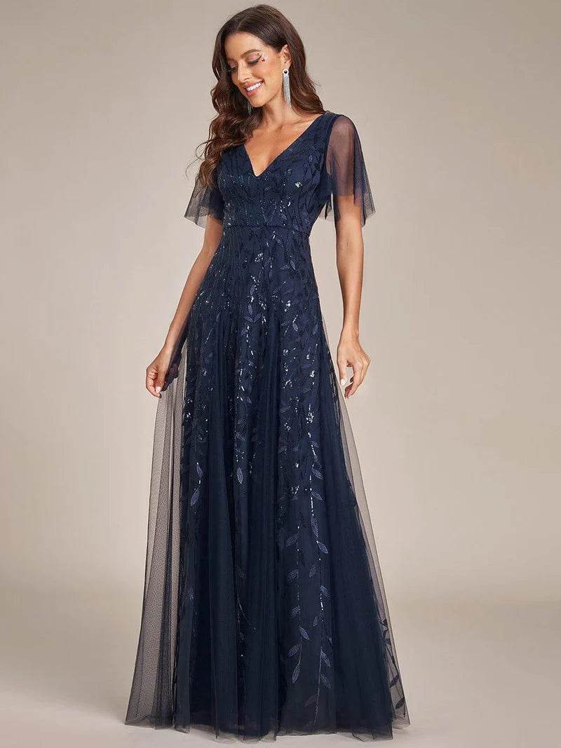 Romantic Shimmery V-Neck Evening Gown with Ruffle Sleeves – Maxi Long Dress - Biamonde